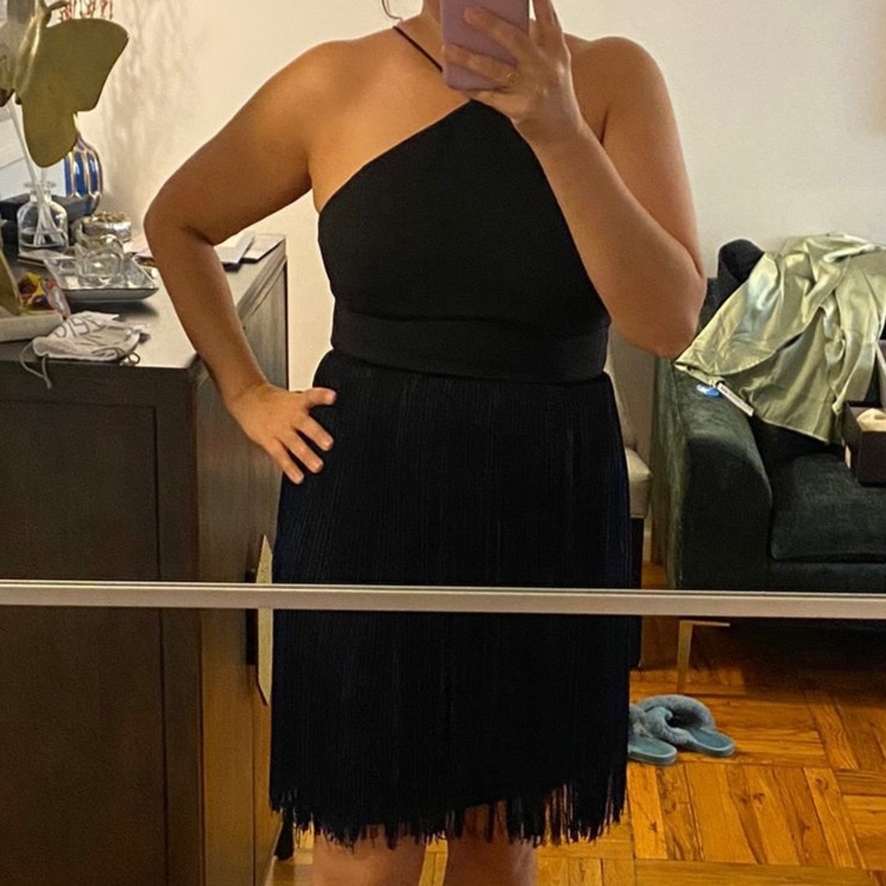 Aidan by Aidan Mattox Black & Blue Fringe Halter Dress | Size 10
